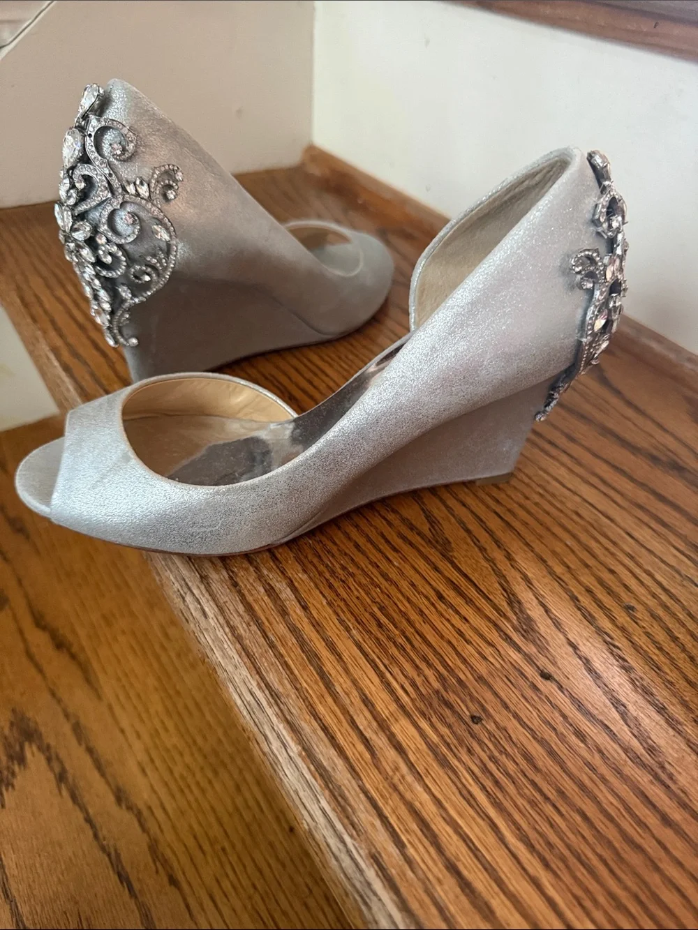 Badgley Mischka Silver Crystal-Embellished Peep-Toe Wedges
